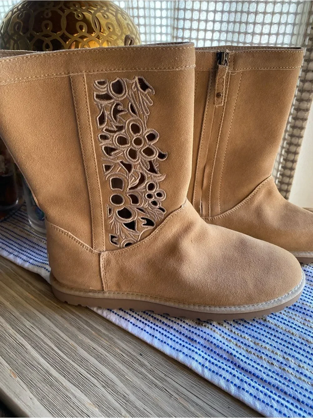 Women’s Suede Mid-Calf Boot with Floral Cutout Tan Sz 11 NWT